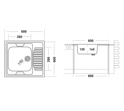 Мойка Юкинокс Стандарт 600х600 матовая Матовая нержавеющая сталь Левая Нет