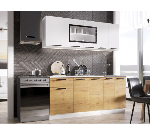 Кухонный гарнитур Эра Хозяюшка Белый гладкий / Дуб Вотан / столешница Калаката 180 см