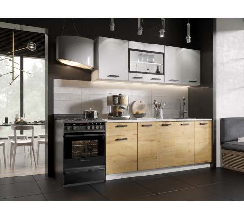 Кухонный гарнитур Эра Хозяюшка 200 см Белый гладкий / Дуб Вотан / столешница Калаката Белый гладкий / Дуб Вотан / столешница Калаката