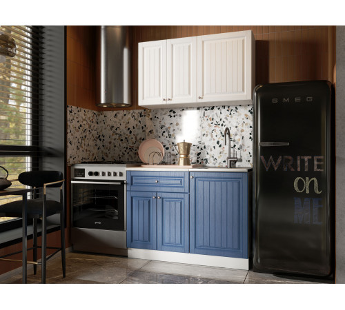 Кухонный гарнитур Эра Хозяюшка Белый / Акация белая / Деним / столешница Калаката Без антресольного шкафа