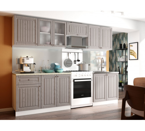 Кухонный гарнитур Эра Хозяюшка Белый / Трюфель / столешница Калаката С антресольным шкафом