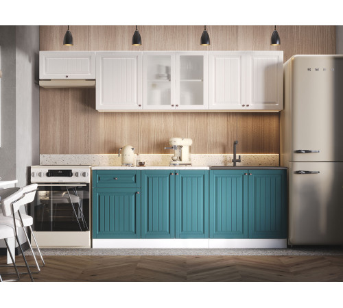 Кухонный гарнитур Эра Хозяюшка Белый / Акация белая / Моренга / столешница Калаката С антресольным шкафом