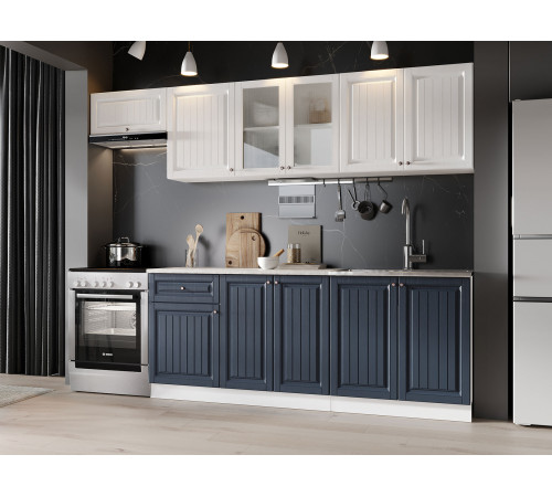 Кухонный гарнитур Эра Хозяюшка Белый / Акация белая / Сапфир / столешница Калаката С антресольным шкафом