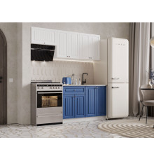 Кухонный гарнитур Эра Хозяюшка Белый / Акация белая / Деним / столешница Калаката С антресольным шкафом