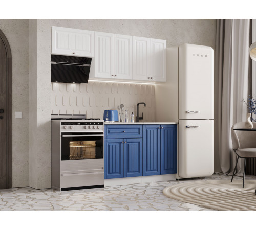Кухонный гарнитур Эра Хозяюшка Белый / Акация белая / Деним / столешница Калаката С антресольным шкафом