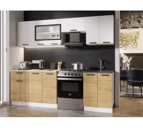 Кухонный гарнитур Эра Хозяюшка Белый гладкий / Дуб Вотан / столешница Калаката 240 см