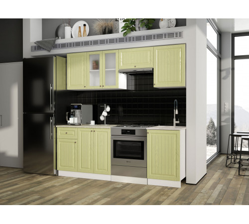 Кухонный гарнитур Эра Хозяюшка Белый / Фисташка / столешница Калаката С антресольным шкафом