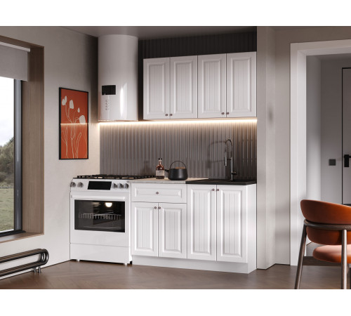Кухонный гарнитур Эра Хозяюшка Белый / Акация белая / столешница Калаката Без антресольного шкафа