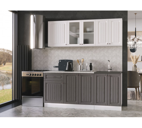 Кухонный гарнитур Эра Хозяюшка Белый / Акация белая / Трюфель / столешница Калаката Без антресольного шкафа