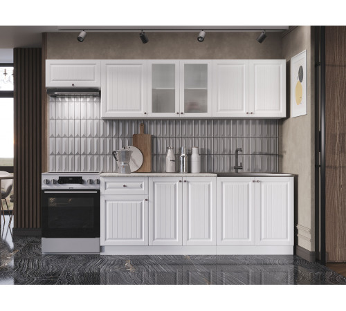 Кухонный гарнитур Эра Хозяюшка Белый / Акация белая / столешница Калаката С антресольным шкафом