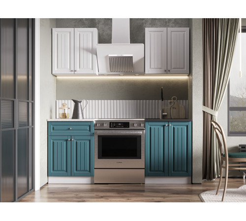 Кухонный гарнитур Эра Хозяюшка Белый / Акация белая / Моренга / столешница Калаката Без антресольного шкафа