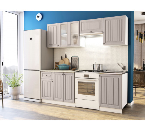 Кухонный гарнитур Эра Хозяюшка Белый / Мускат / столешница Калаката С антресольным шкафом