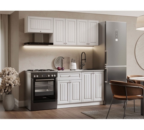 Кухонный гарнитур Эра Хозяюшка Белый / Акация белая / столешница Калаката С антресольным шкафом