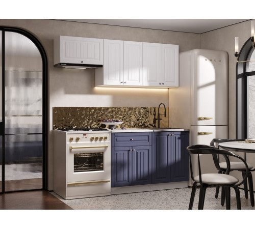 Кухонный гарнитур Эра Хозяюшка Белый / Акация белая / Сапфир / столешница Калаката С антресольным шкафом