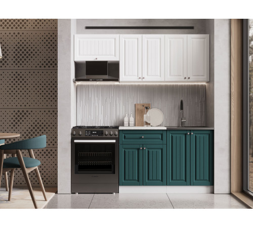 Кухонный гарнитур Эра Хозяюшка Белый / Акация белая / Моренга / столешница Калаката С антресольным шкафом