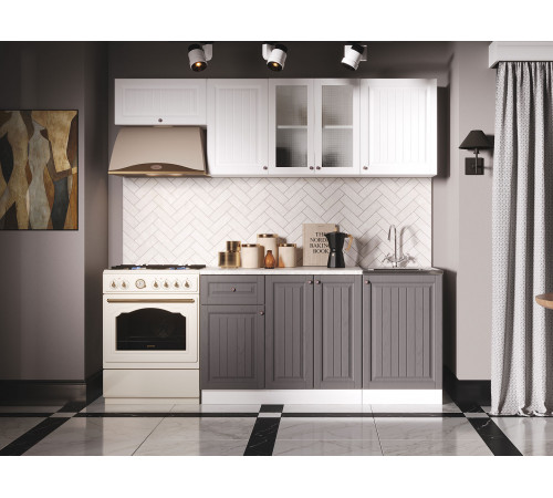 Кухонный гарнитур Эра Хозяюшка Белый / Акация белая / Трюфель / столешница Калаката С антресольным шкафом