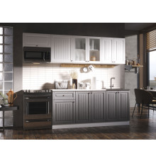 Кухонный гарнитур Эра Хозяюшка Белый / Акация белая / Трюфель / столешница Калаката С антресольным шкафом