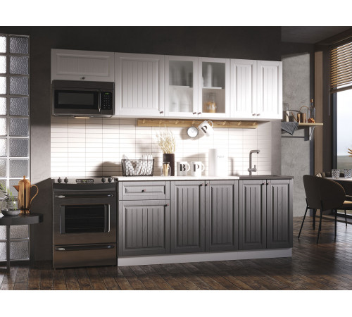 Кухонный гарнитур Эра Хозяюшка Белый / Акация белая / Трюфель / столешница Калаката С антресольным шкафом