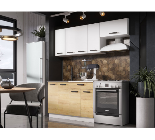 Кухонный гарнитур Эра Хозяюшка Белый гладкий / Дуб Вотан / столешница Калаката 180 см