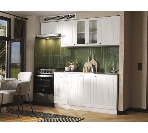 Кухонный гарнитур Эра Хозяюшка Белый / Акация белая / столешница Калаката С антресольным шкафом