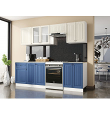 Кухонный гарнитур Эра Хозяюшка Белый / Акация белая / Деним / столешница Калаката С антресольным шкафом