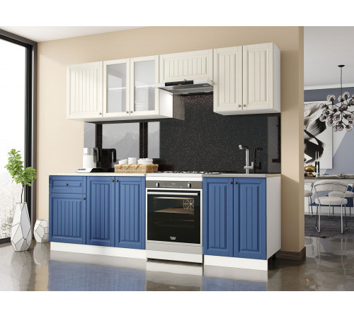 Кухонный гарнитур Эра Хозяюшка Белый / Акация белая / Деним / столешница Калаката С антресольным шкафом