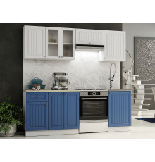 Кухонный гарнитур Эра Хозяюшка Белый / Акация белая / Деним / столешница Калаката С антресольным шкафом