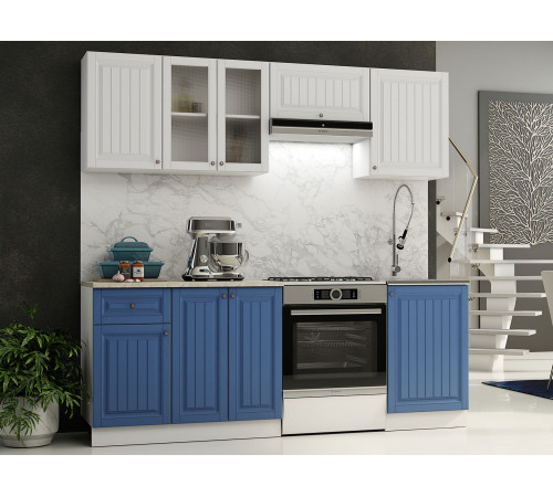 Кухонный гарнитур Эра Хозяюшка Белый / Акация белая / Деним / столешница Калаката С антресольным шкафом