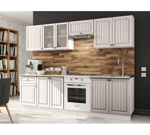 Кухонный гарнитур Эра Хозяюшка Белый / Мускат / столешница Калаката С антресольным шкафом