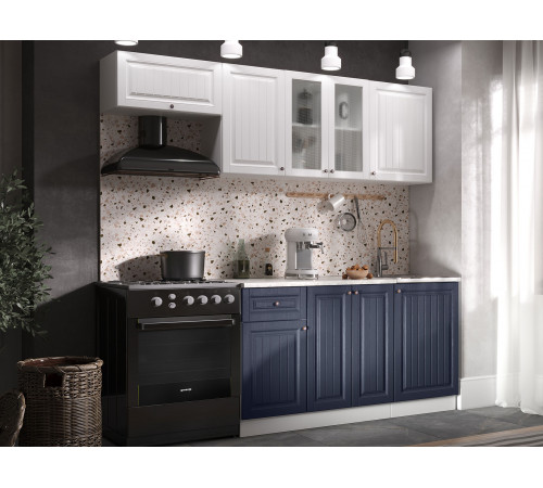 Кухонный гарнитур Эра Хозяюшка Белый / Акация белая / Сапфир / столешница Калаката С антресольным шкафом