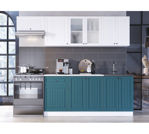 Кухонный гарнитур Эра Хозяюшка Белый / Акация белая / Моренга / столешница Калаката С антресольным шкафом