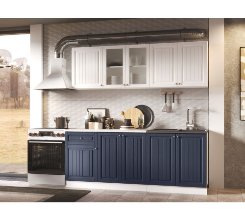 Кухонный гарнитур Эра Хозяюшка Белый / Акация белая / Сапфир / столешница Калаката Без антресольного шкафа