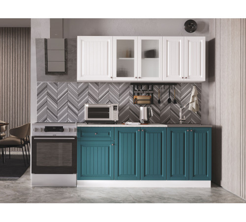 Кухонный гарнитур Эра Хозяюшка Белый / Акация белая / Моренга / столешница Калаката Без антресольного шкафа