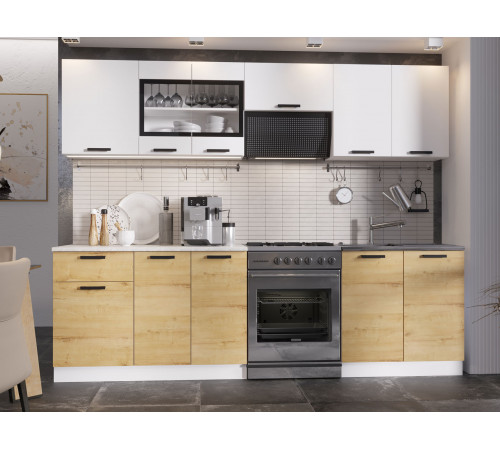 Кухонный гарнитур Эра Хозяюшка Белый гладкий / Дуб Вотан / столешница Калаката 260 см