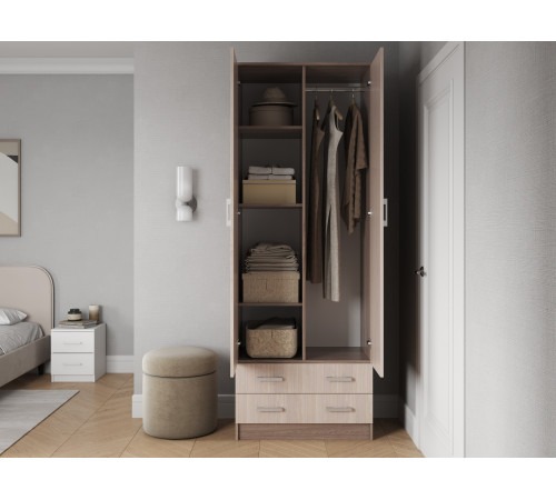 Распашной шкаф Эра Прагма Ясень Шимо темный / Ясень Шимо светлый С полками и штангой