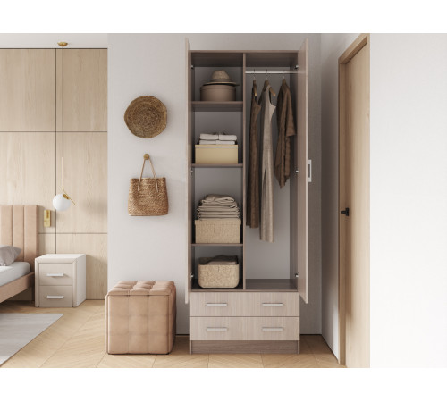 Распашной шкаф Эра Прагма Ясень Шимо темный / Ясень Шимо светлый С полками и штангой