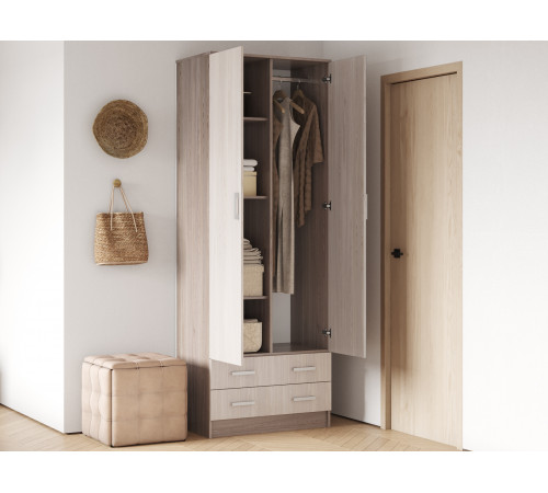 Распашной шкаф Эра Прагма Ясень Шимо темный / Ясень Шимо светлый С полками и штангой