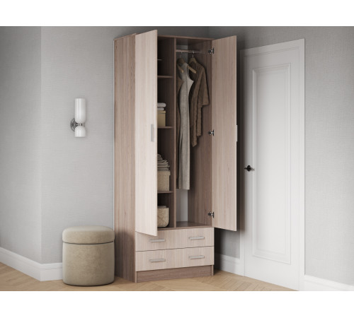 Распашной шкаф Эра Прагма Ясень Шимо темный / Ясень Шимо светлый С полками и штангой