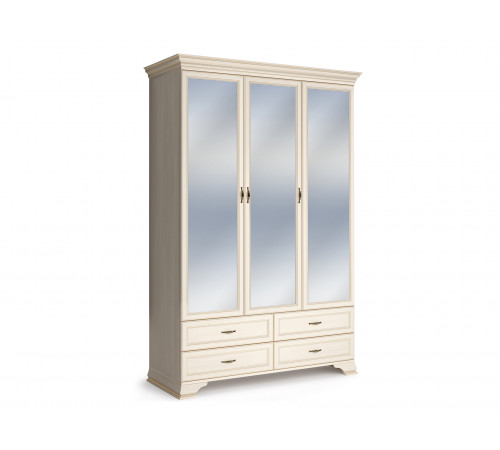 Распашной шкаф Кураж Сиена Бодега белый, патина золото С тремя зеркалами