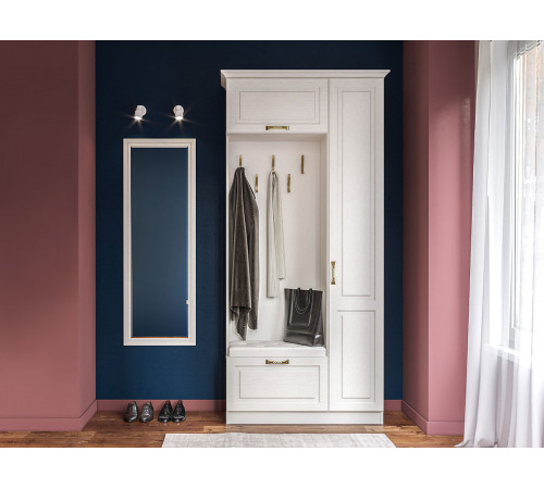 Прихожая Моби Ливерпуль Белый, поры дерева / Ясень ваниль / Белый, кожзам С карнизом