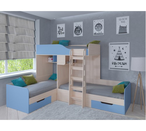 Двухъярусная кровать TRIO-1-6 [Дуб Молочный / Голубой]
