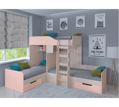 Двухъярусная кровать TRIO-1-8 [Дуб Молочный / Розовый]