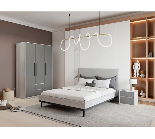 Кровать Нильс 140х200, дуб эльза/темно-серый лофт/рогожка