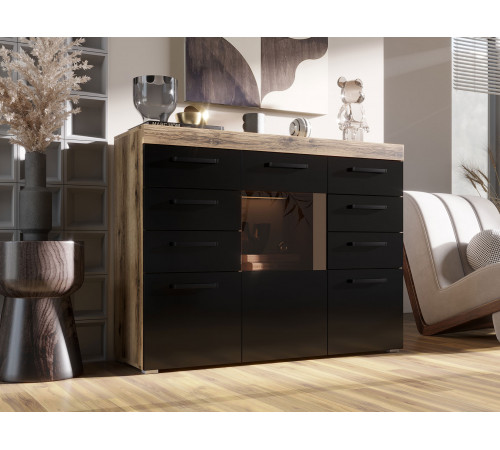 Комод Бастон, дуб делано/черный глянец