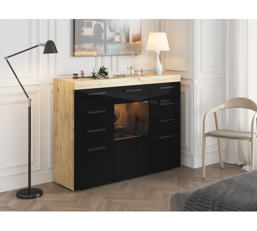 Комод Бастон, дуб вотан/черный глянец