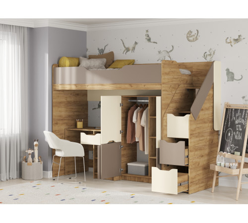 Комплект детской мебели Рич 8, дуб крафт золотой/миндаль/глиняный серый