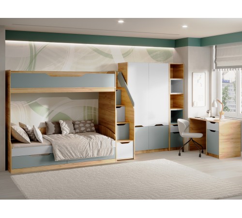 Комплект детской мебели Рич 5, дуб крафт золотой/пастельный зеленый/сумеречный голубой
