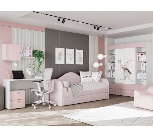 Комплект детской мебели Алиса 2, розовый/белый/розовый велюр