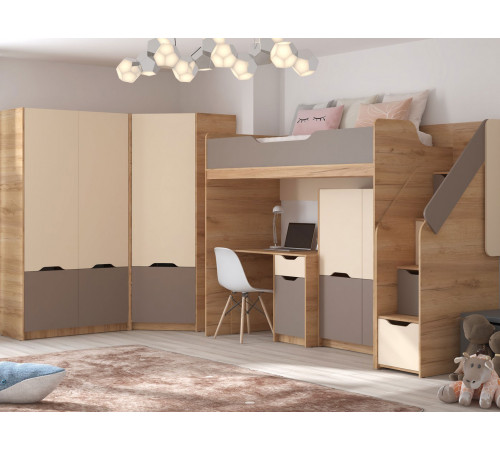 Кровать-чердак Рич 80х200, дуб крафт золотой/миндаль/глиняный серый