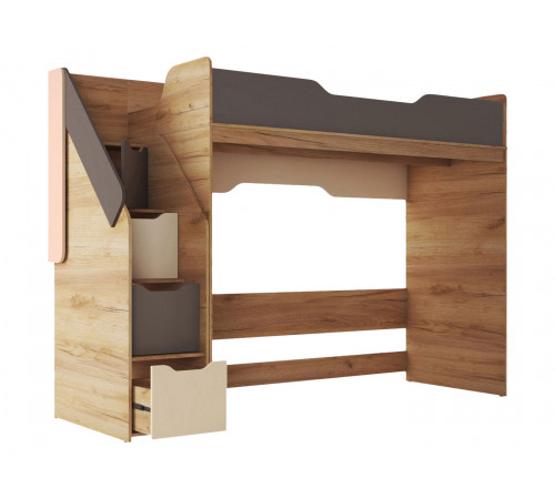 Кровать-чердак Рич 80х200, дуб крафт золотой/миндаль/глиняный серый